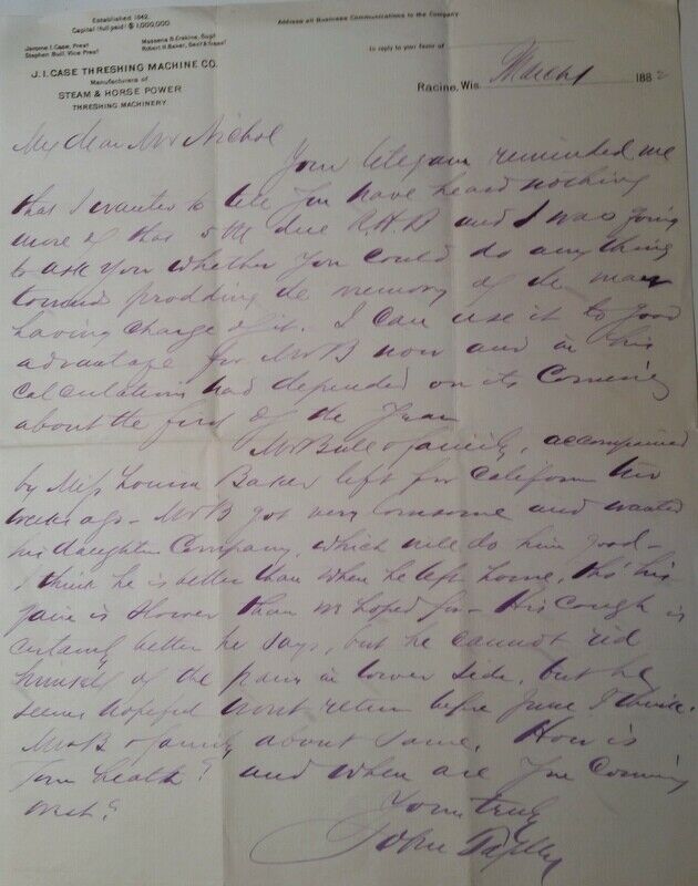 March 1 1882 Ji Case Threshing Machine Co John Tapley To Thomas Nichol Racine Wi