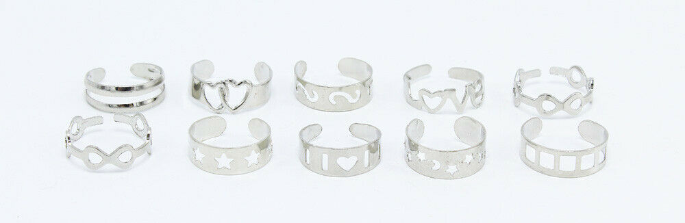 New Set Of 10 Ornate Silver Tone Toe Rings In Assorted Patterns #r1174