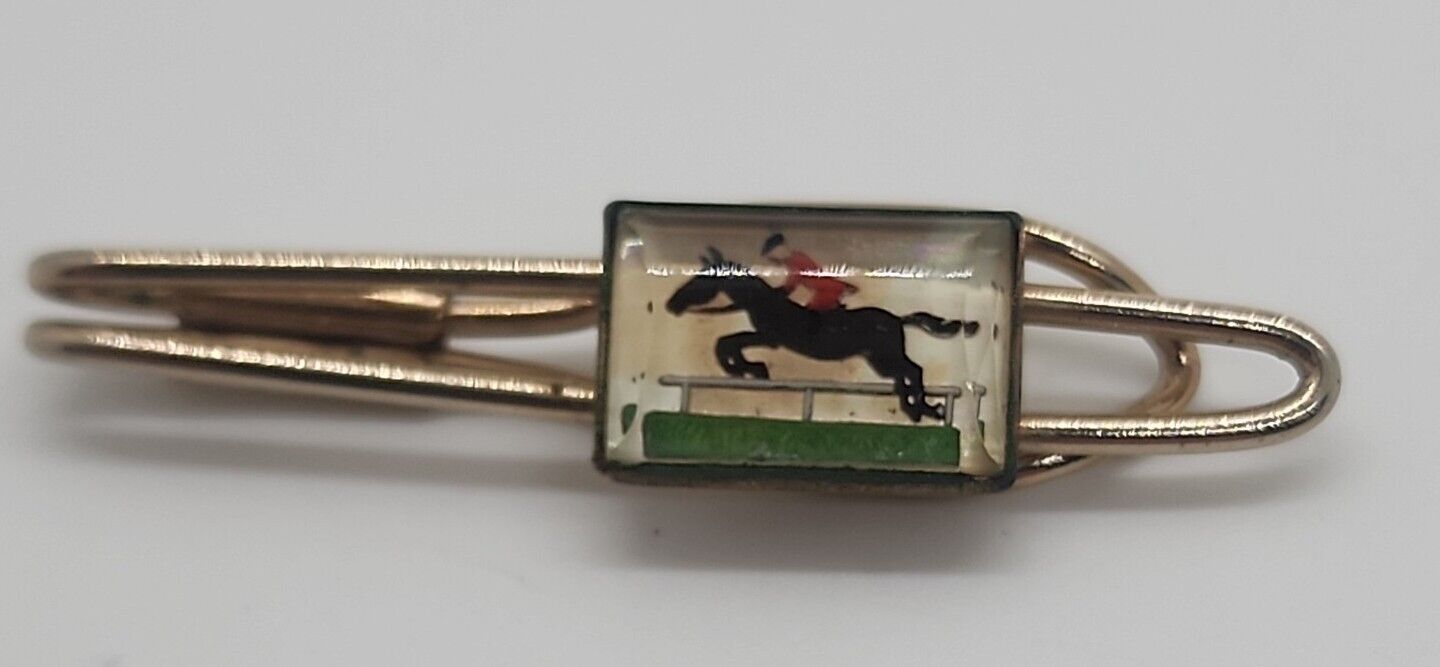 Vintage Gold Tone Reverse Painted Horse & Jockey Tie Clip Clasp