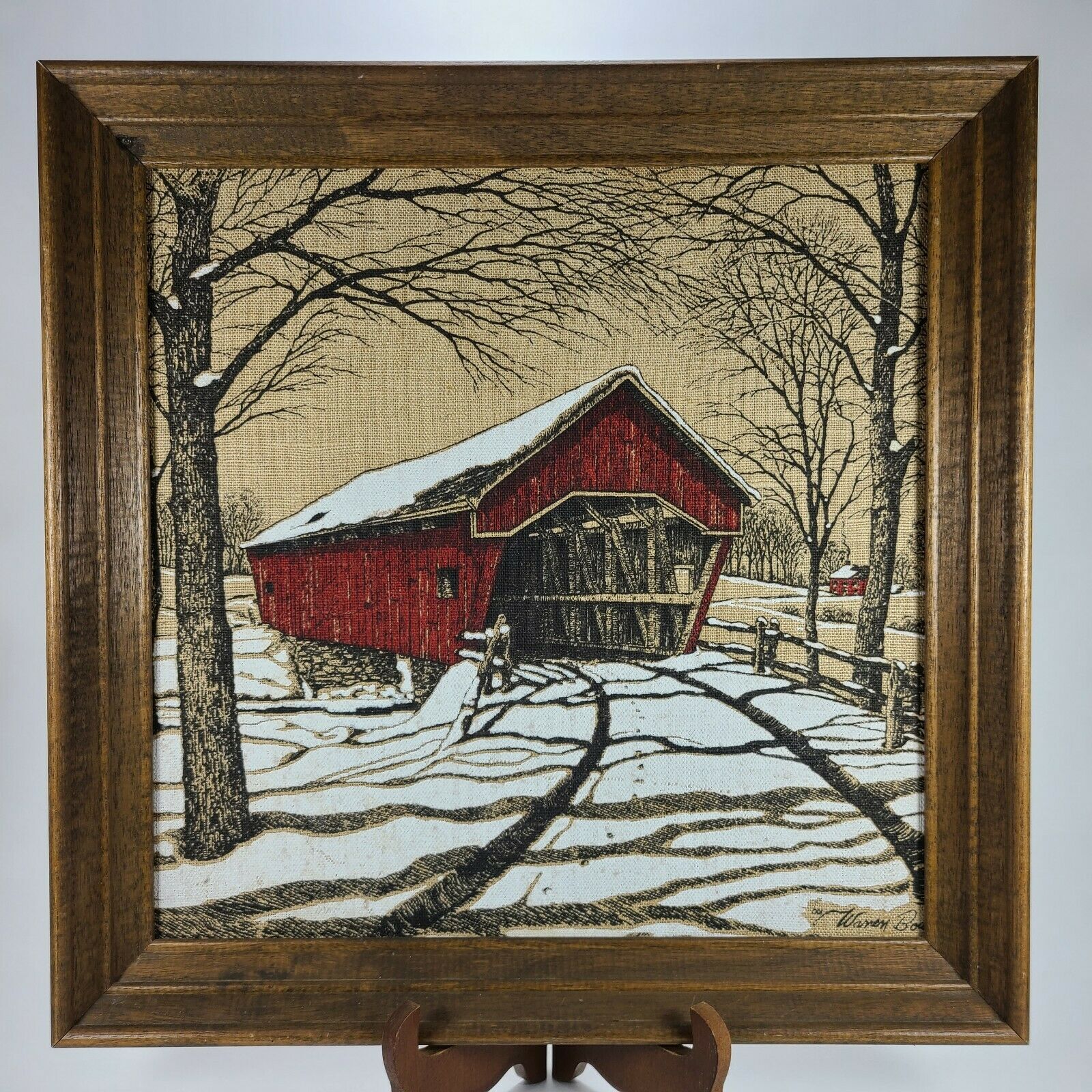 Vintage Framed Kay Dee Print On Linen Winter Red Bridge Warren Boucher