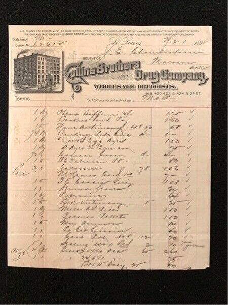1895 Billhead Collins Brothers St. Louis Mo Wholesale Druggists Illus Factory