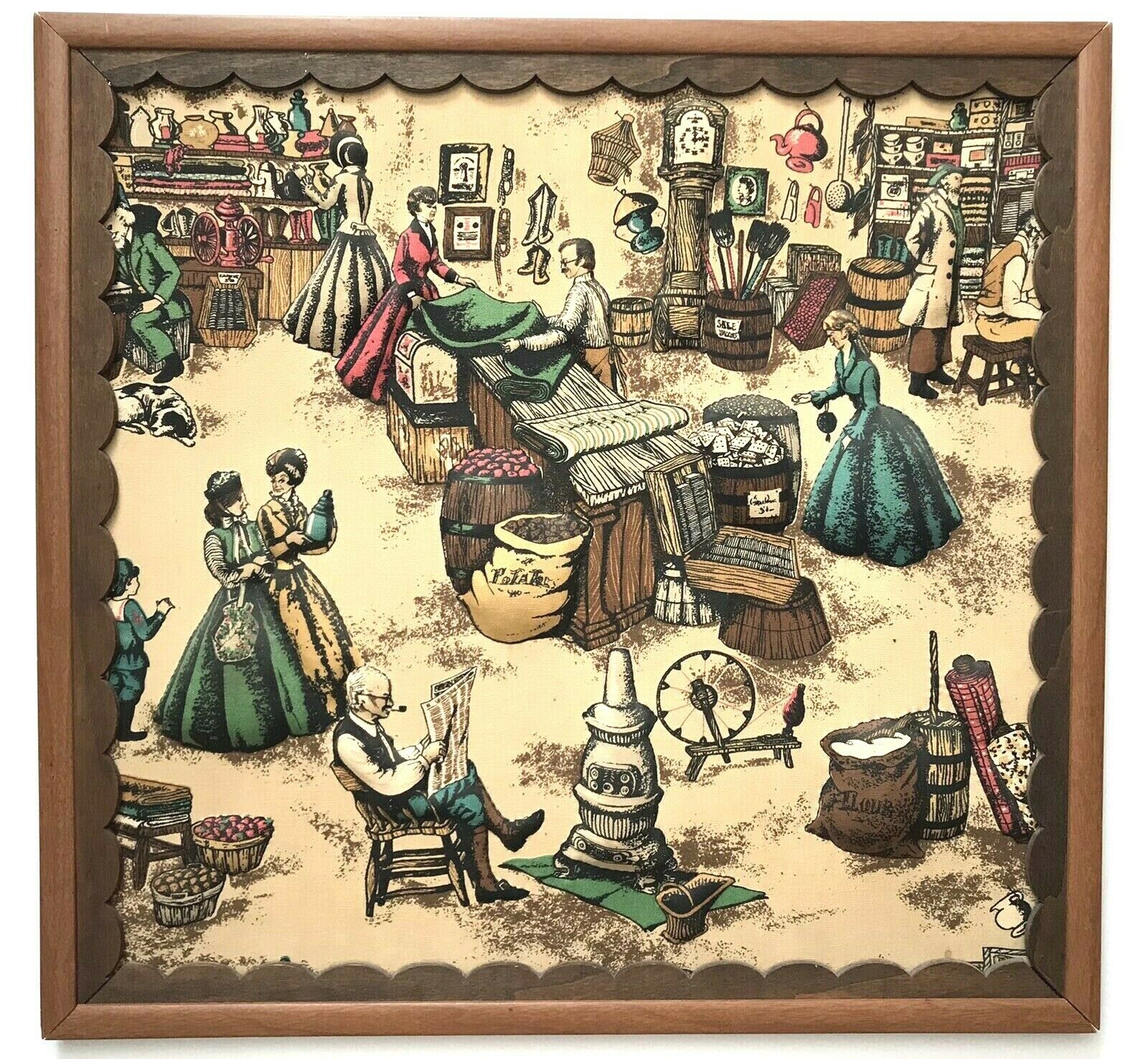 Vintage Puffy 3d Framed Fabric General Store Scene Quilt Art  24"x25"