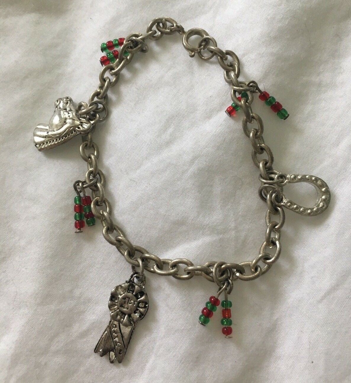 Vintage 1950's Horse Show Ribbon Horseshoe W/beads Charm Chain Bracelet Euc!
