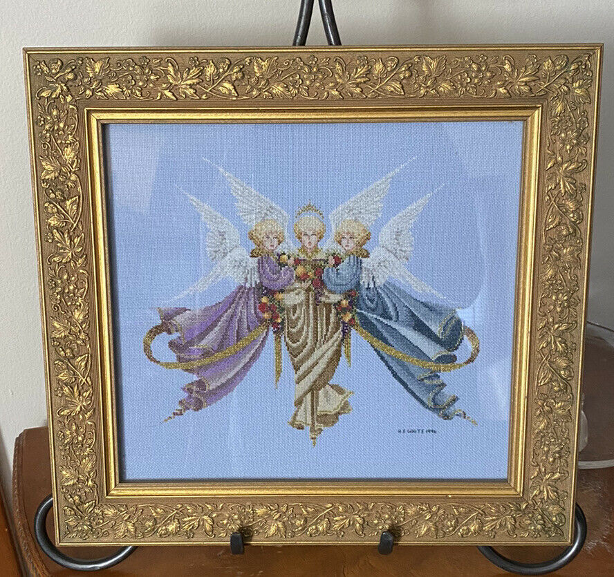 Beautiful Hand Done Petit Point Embroidery Framed Picture Angels Sgd H E White
