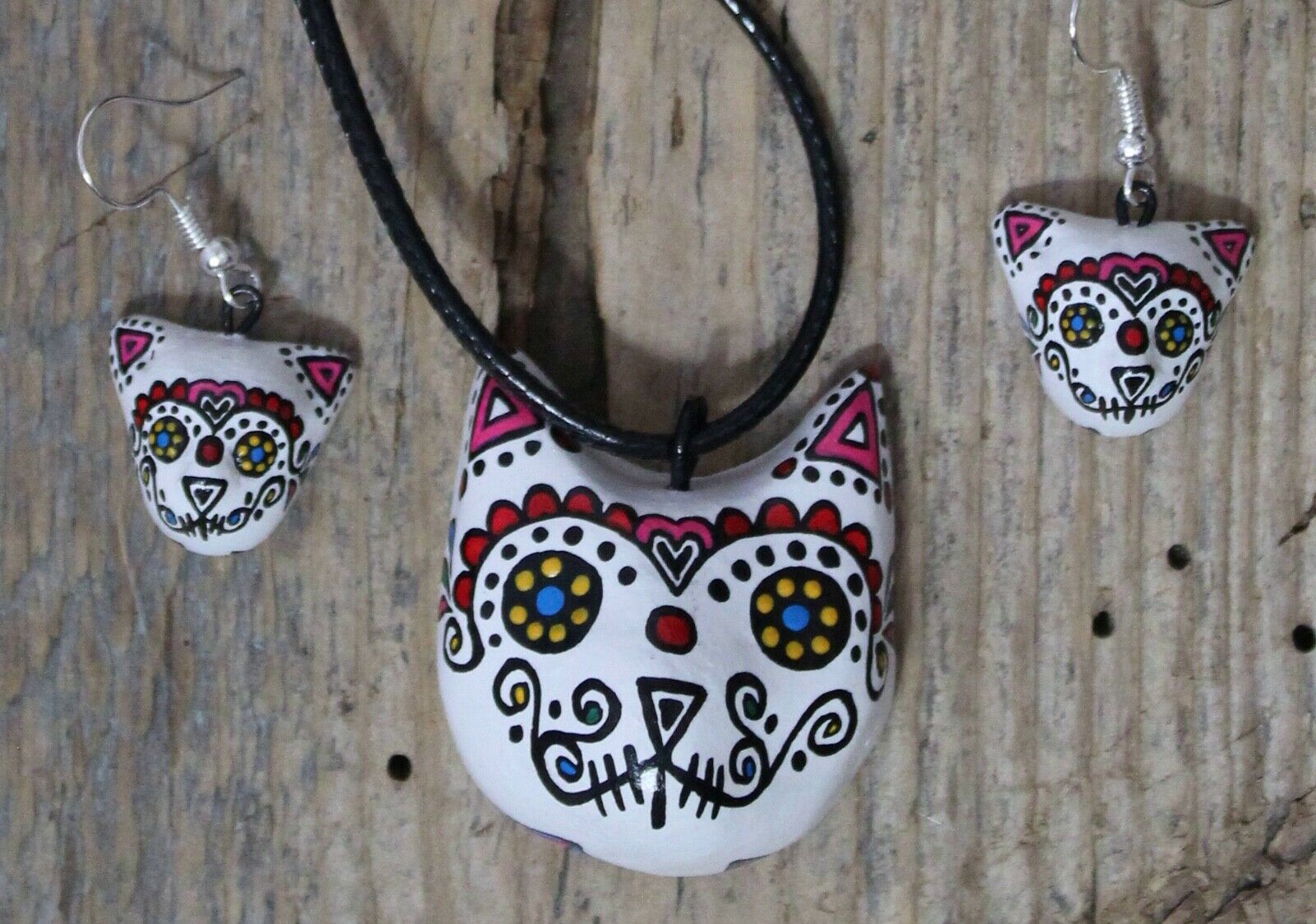 White Kitty Cat Sugar Skull Day Of The Dead Necklace & Earrings Handmade Mexico