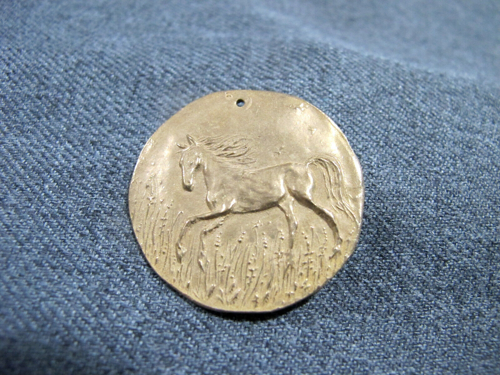Vintage Horse In A Prairie Goldtone Metal Medal Pendant