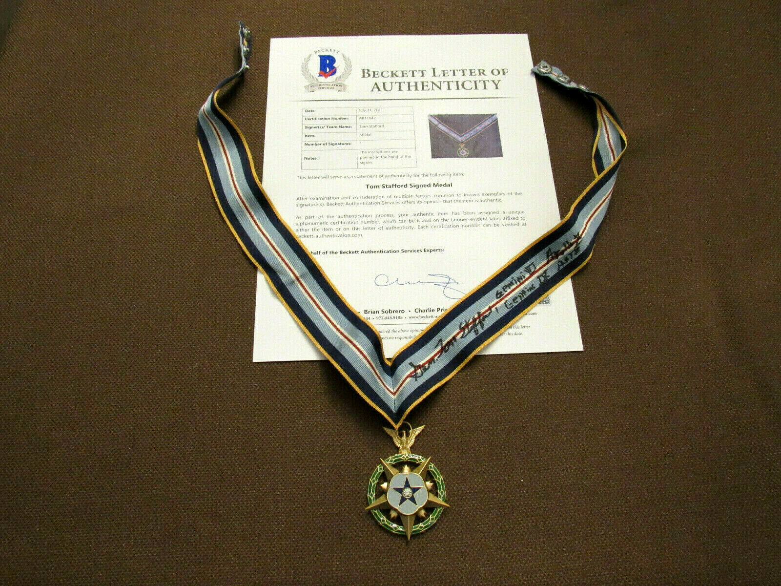 Thomas Tom Stafford Apollo Gemini Signed Auto U.s. Space Medal Of Honor Beckett