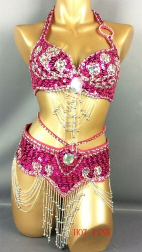 New Handmade Fully Beads Belly Dance Costume Outfit Set Bra Belt Carnival 2pcs