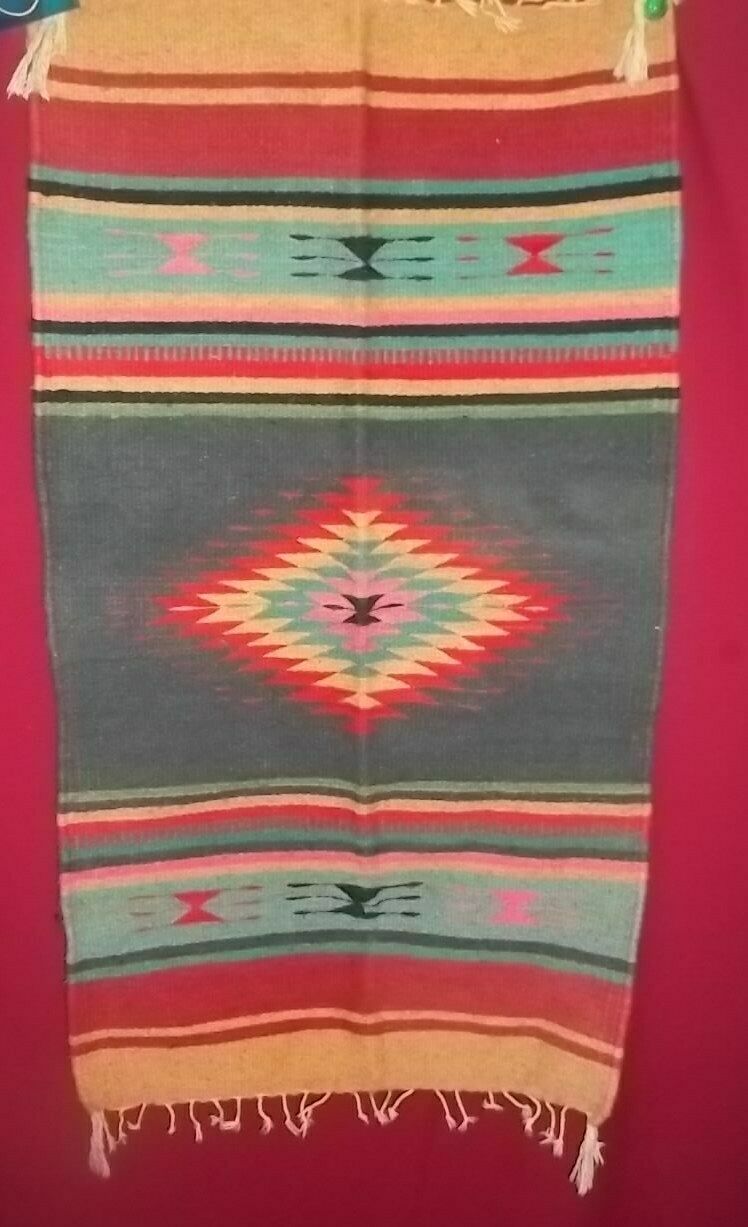 Vintage Traditional Zapotec? Mexican? Rug Textile Weaving Blanket 40"x 22 1/2"