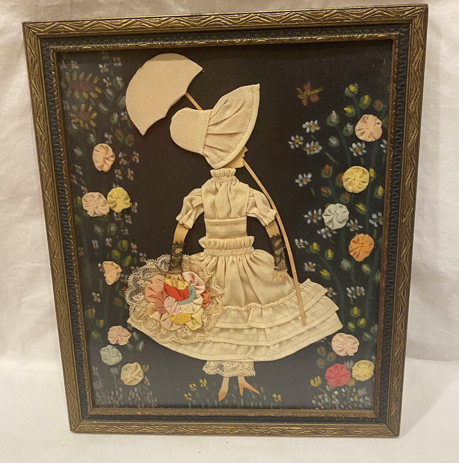 Vintage Handmade Fabric Framed Silhoutte Fancy Lady With Flowers