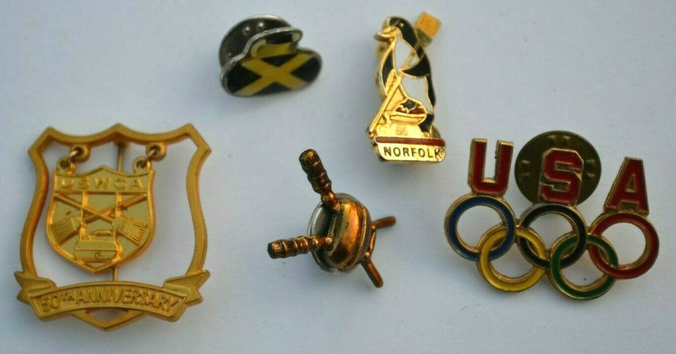 Lot Of 5 Curling / Olympic / Uswca Pins / Pinbacks - Norfolk, Connecticut / Ct