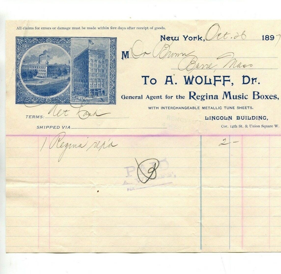 Illustrated Letterhead A Wolff Agent Regina Music Boxes Ny 1897