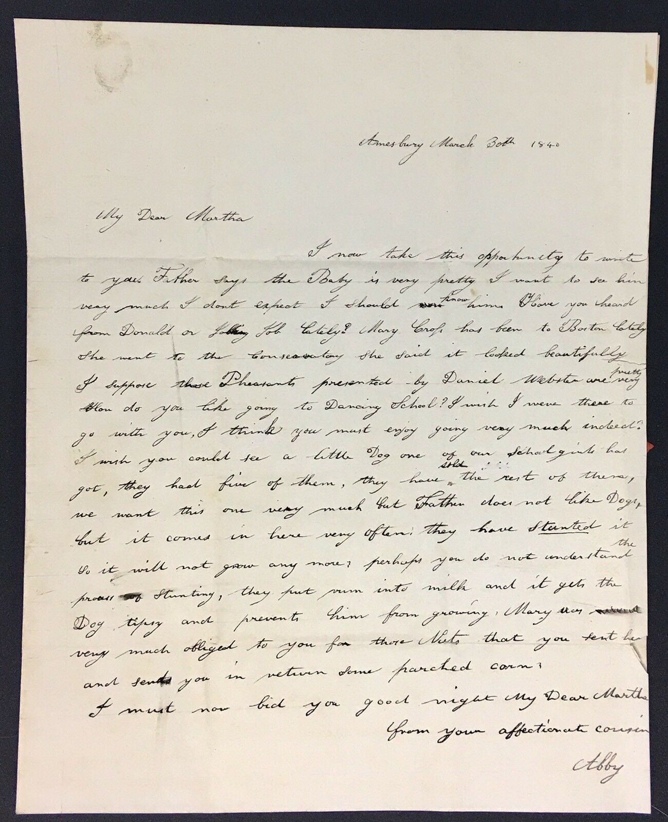 1840 Handwritten Letter Martha Kuhn, Gives Her Dog Rum In Milk To Make It Tipsy