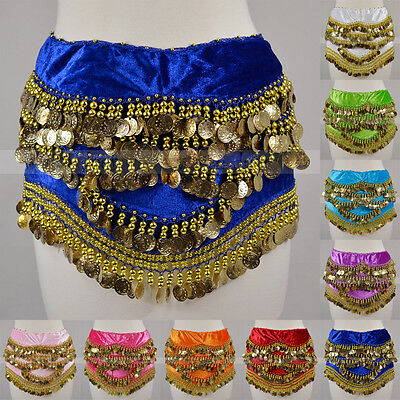 Gold Coins Sequins Beads Thick Belly Dance Hip Scarf Wrap Belt Velvet