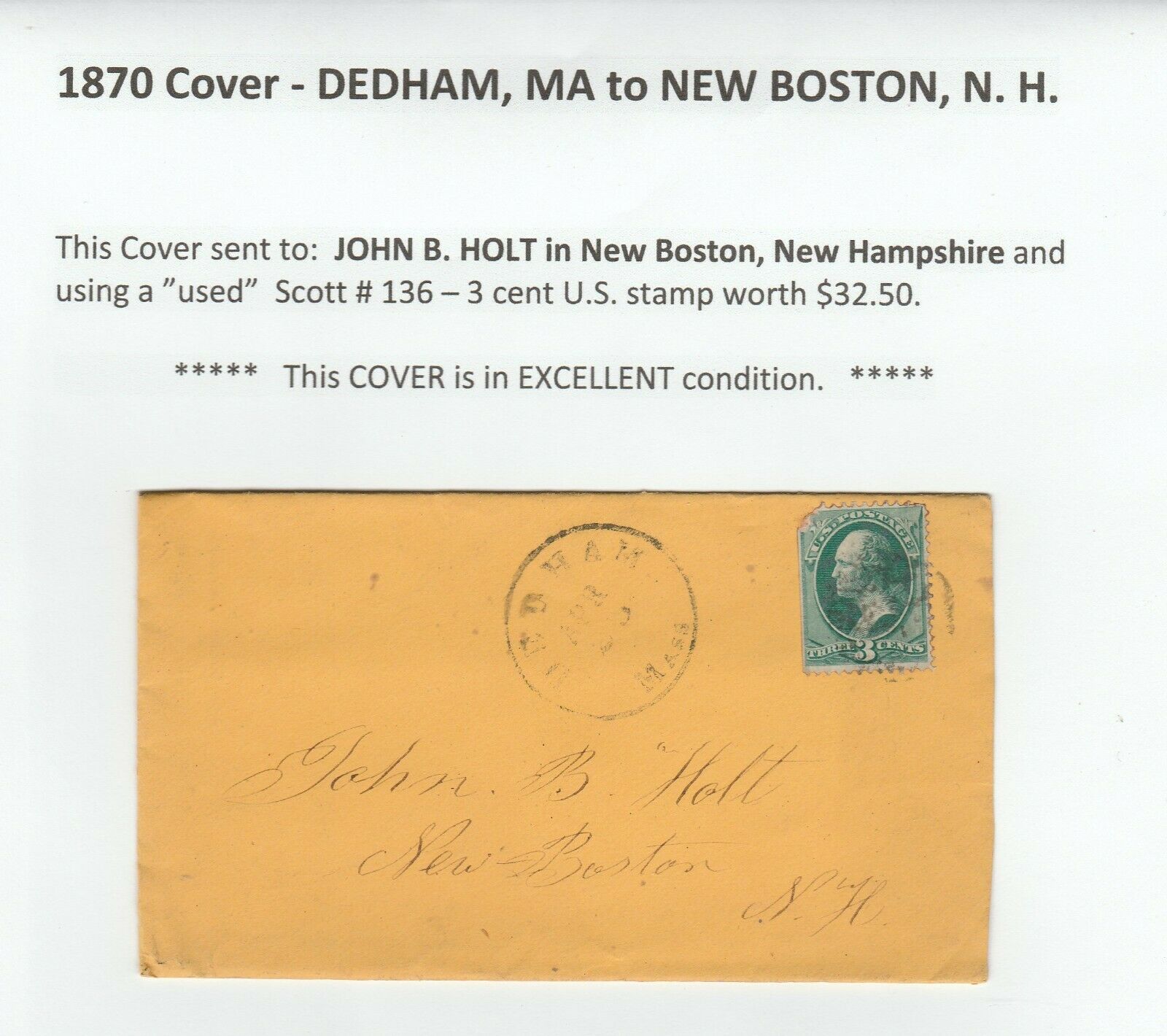 1870 Cover (only) - Dedham, Maine -to- New Boston, New Hampshire - John B. Holt