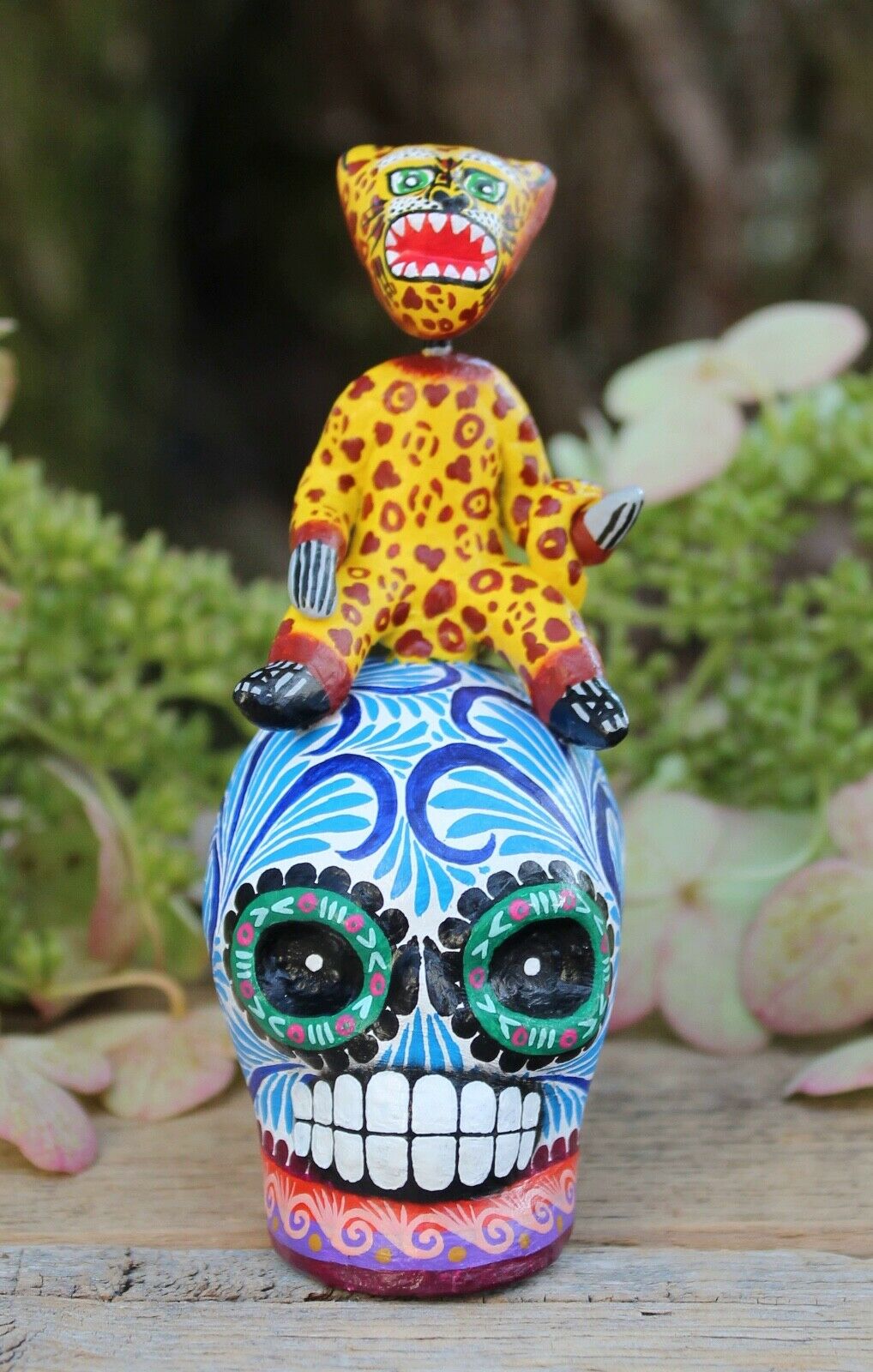 Sm Jaguar Dancer On Sugar Skull Day Of The Dead Handmade Puebla Mexican Folk Art