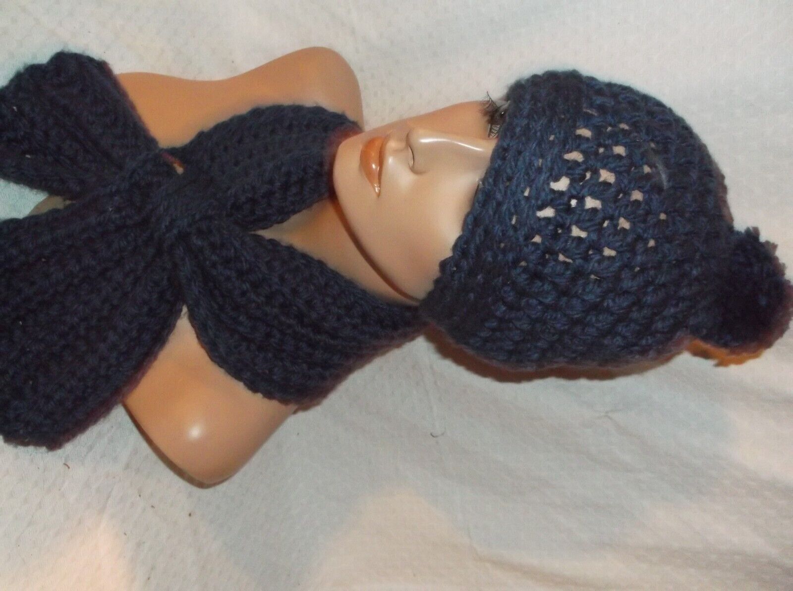 New - Handmade Dark Denim Blue Crochet Unisex Hat And Self Stay Scarf Set