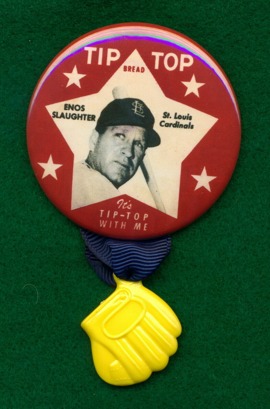 1952 Style  Enos Slaughter Tip Top Bread Rp Pin W/ Baseball Charm Cardinals