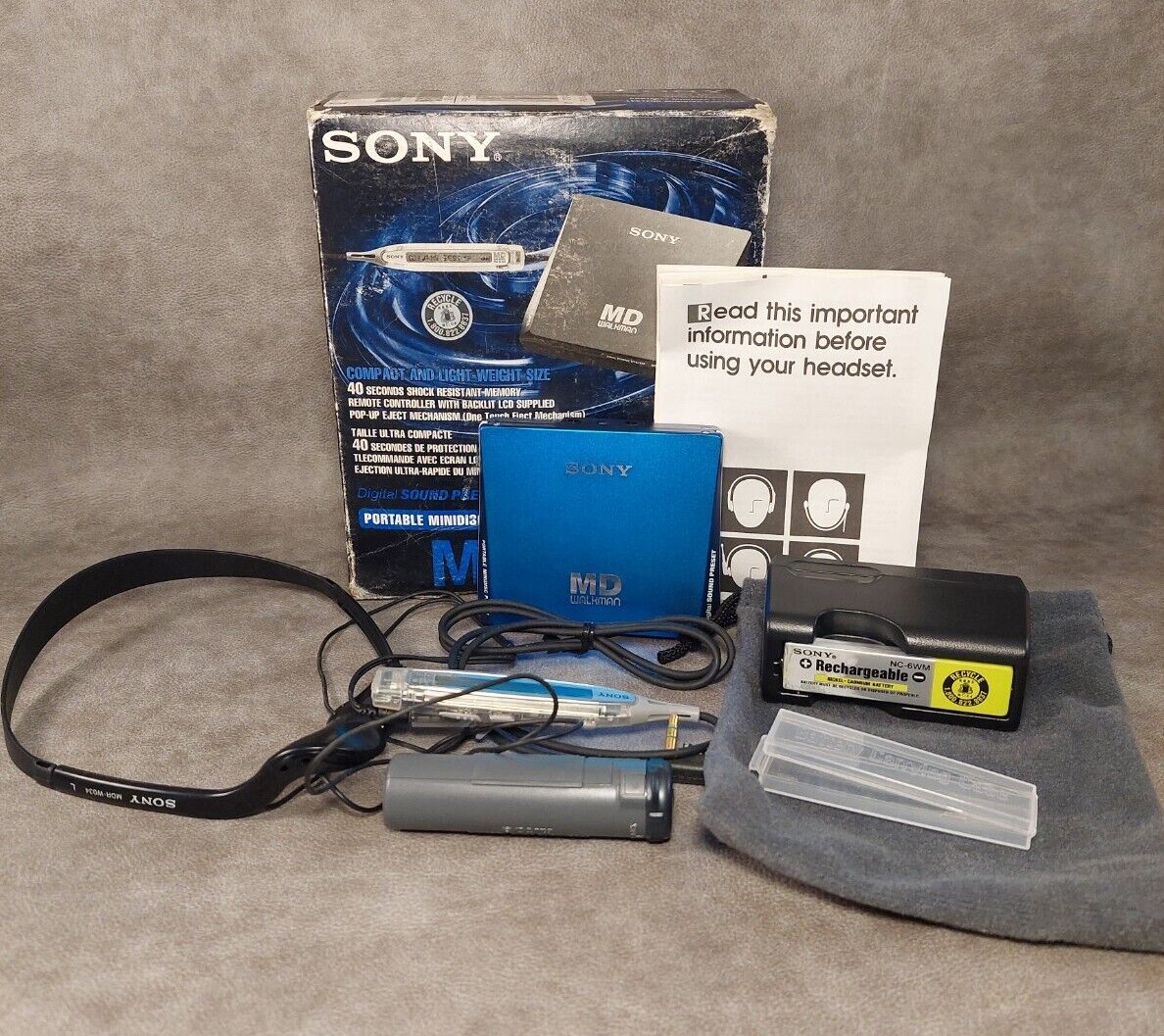 Sony Mini Disc Md Mz-e75 Blue Walkman W/ Box & Accessories - Untested