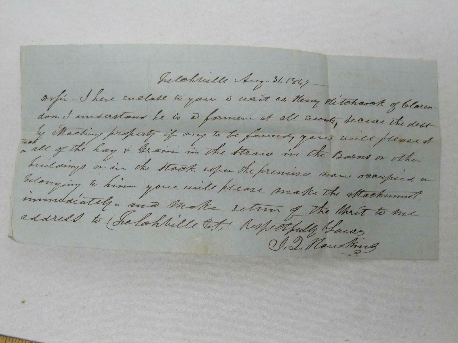1869 Letter J Congden Re Writ Hitchcock Clarendon Hawkins Felchville Vermont