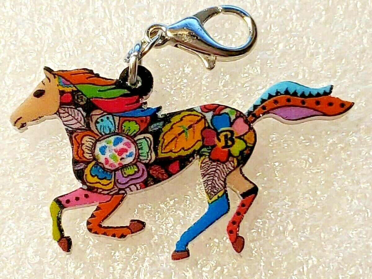 Horse Galloping Flat Acrylic Multicolor Floral Purse Charm Dangle Zipper Pull