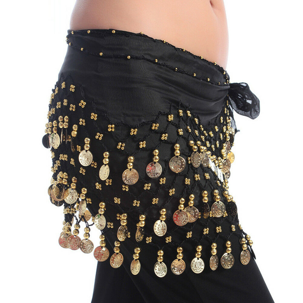 Black Belly Dance Hip Skirt Scarf Wrap Belt Hipscarf With Gold Coins Us Stock