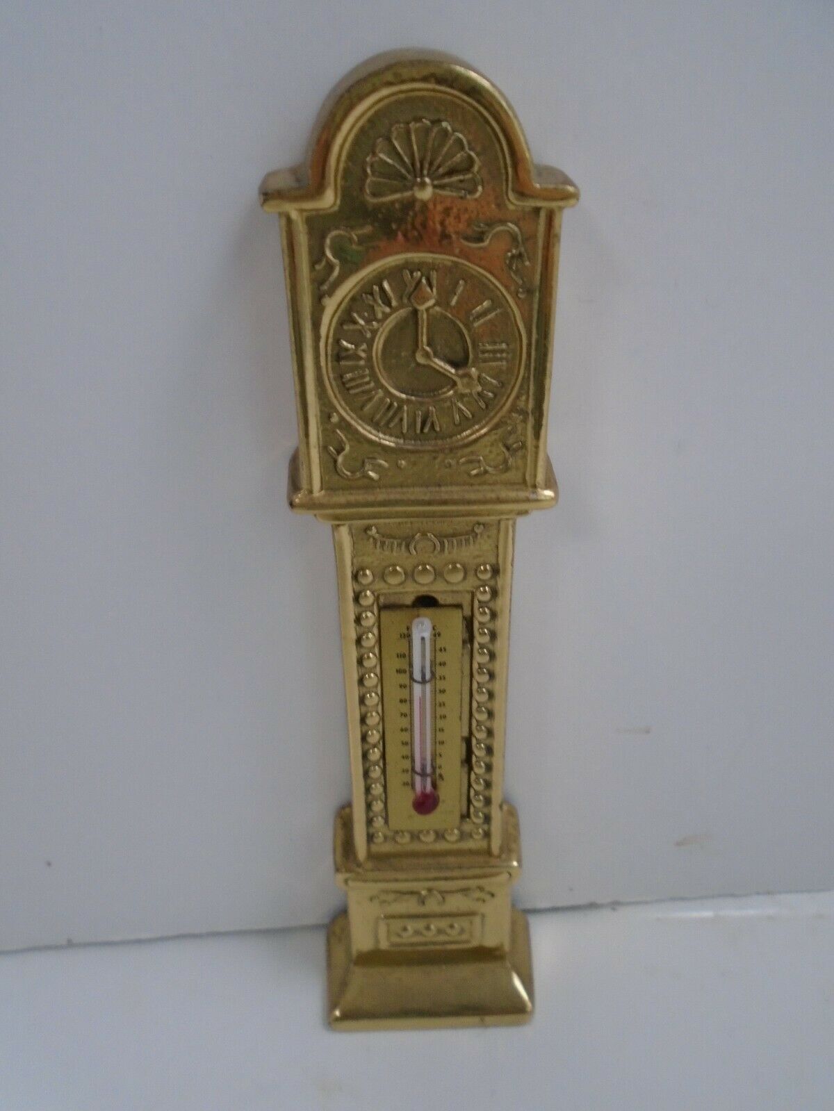 Vintage Brass Grandfather Clock Thermometer Made In England 6" Tall