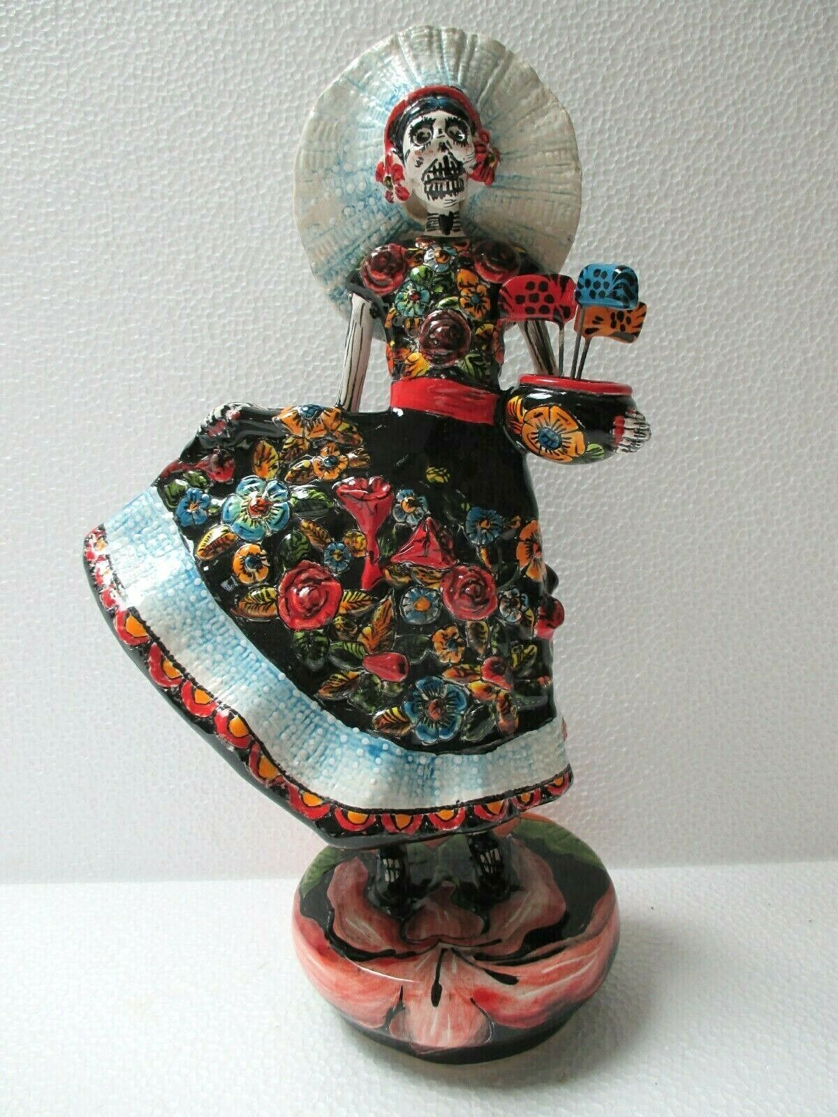 Mexican Art Talavera Pottery Tehuantepec Woman Catrina Figure Day Of Dead 13"