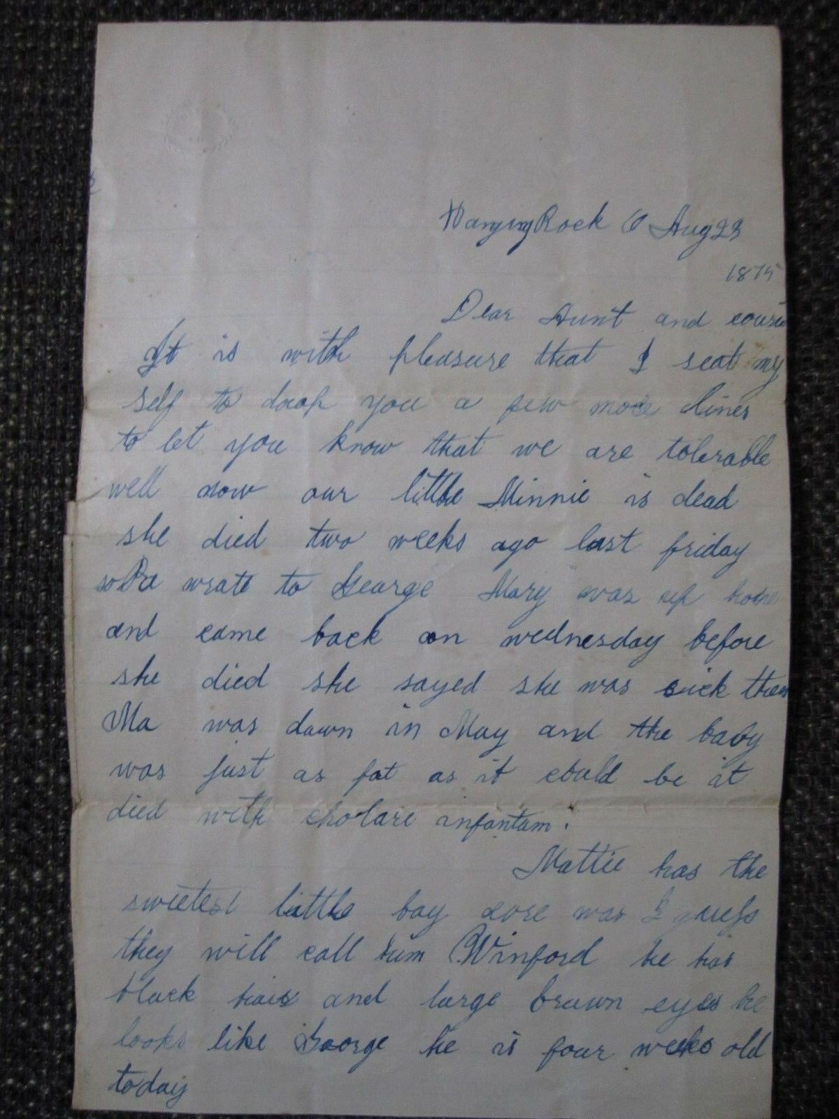 Letter Written From Hanging Rock, Ohio, August 1874, Mentions Flood!