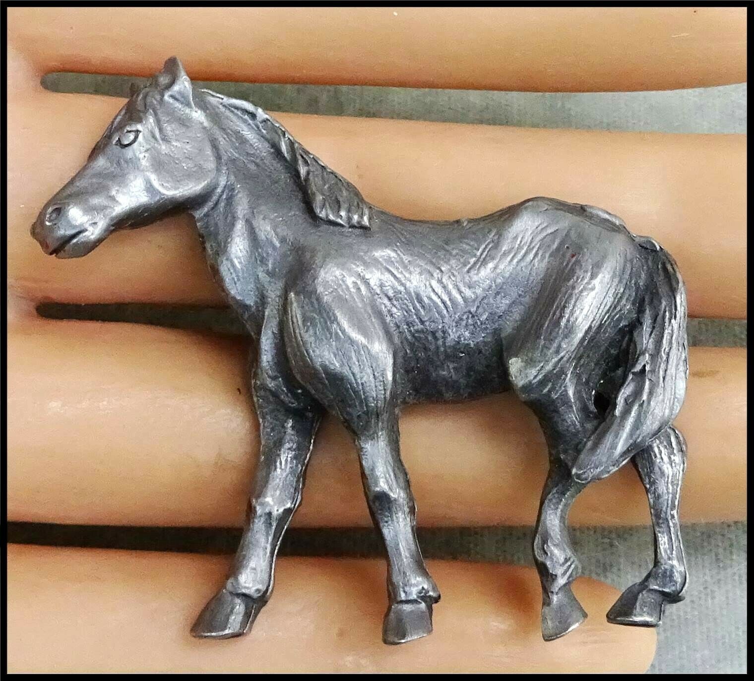 Vintage Pewter Silver Tone Equine Horse Pony Brooch Pin