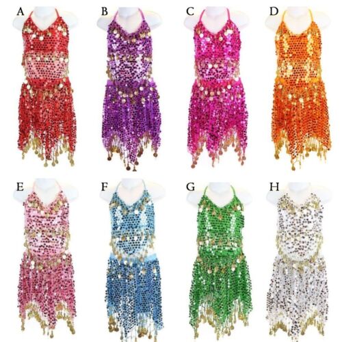Girls Kids Belly Dance Costume Sparkly Circle Sequin Coins Top & Skirt Dress
