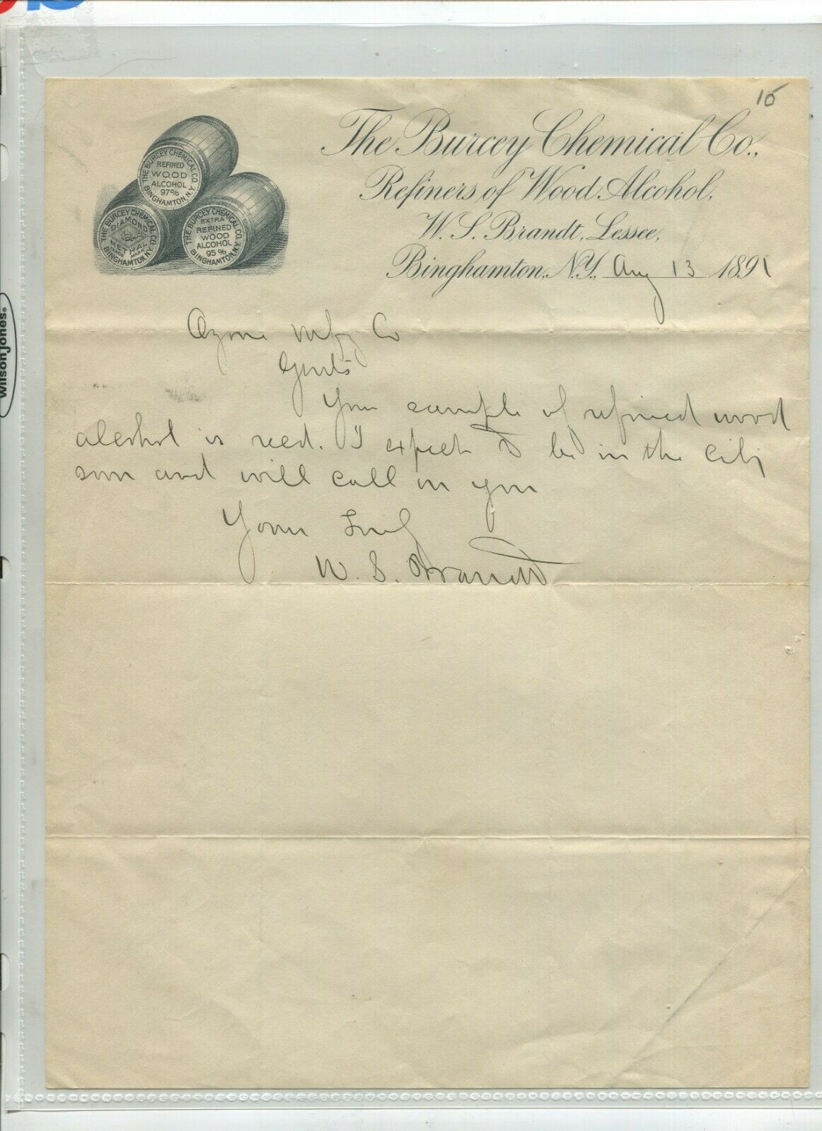 Vintage Illustrated Letterhead Burcey Chemical Binghampton Ny 1891 Wood Alcohol
