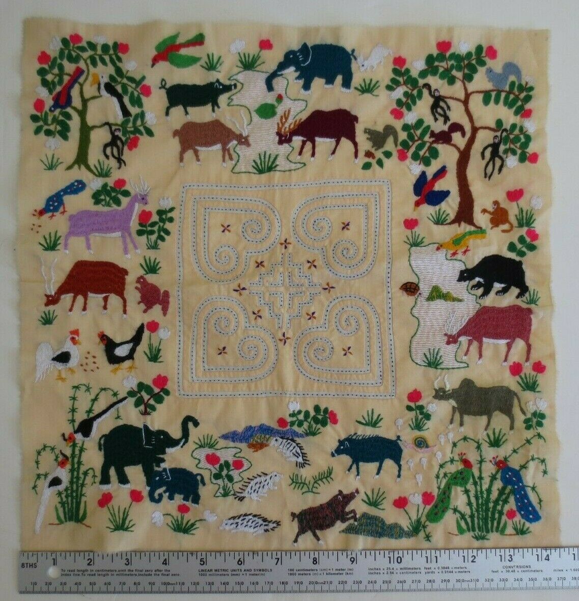Unique! Hand Made Embroidered Fabric Square W/ Animals, Birds, Flowers, Hearts