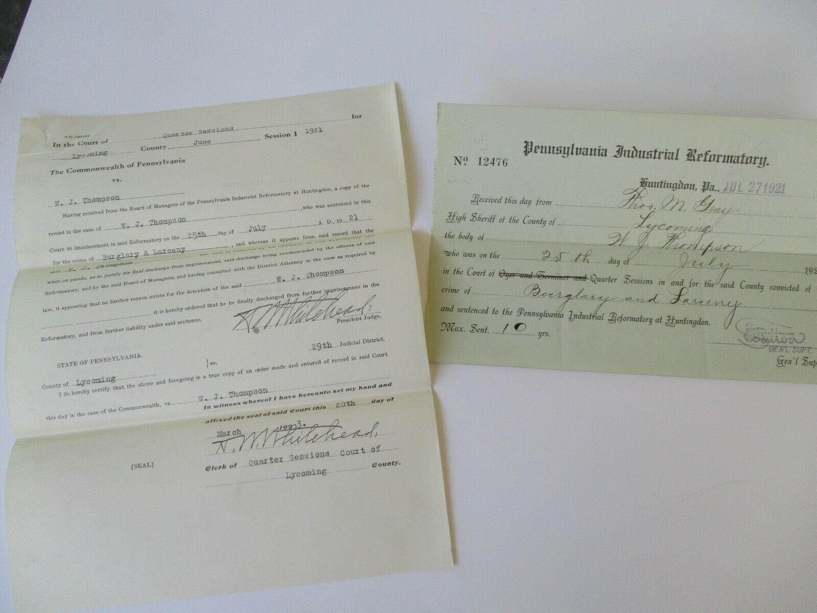 1921 Huntingdon,pennsylvania Industrial Reformatory,judge Signed Crime Documents