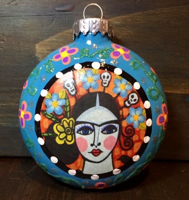 E. Barnes Frida Kahlo 3" Flat Round Hand Painted Glass Ornament Blue With Flower