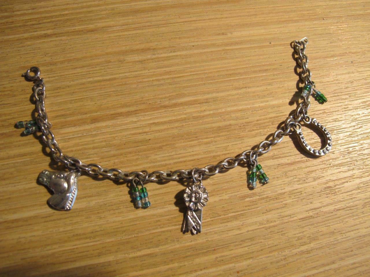 Vintage Horse Charm Bracelet Silvertone 1st Prize Ribbon Horseshoe Beads