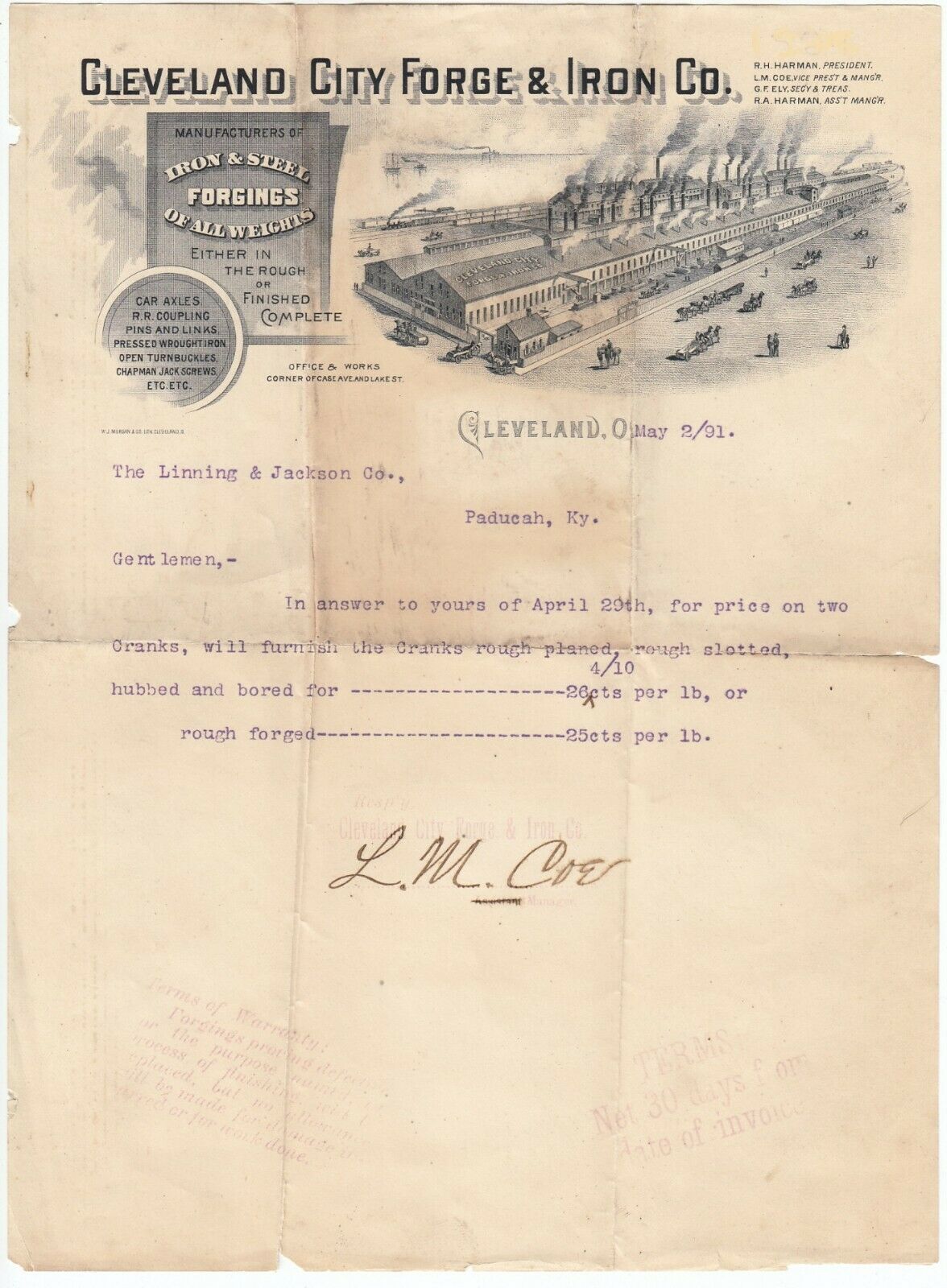 Cleveland City Forge 1891 Ohio Letter, Graphic Letterhead - Historical Company
