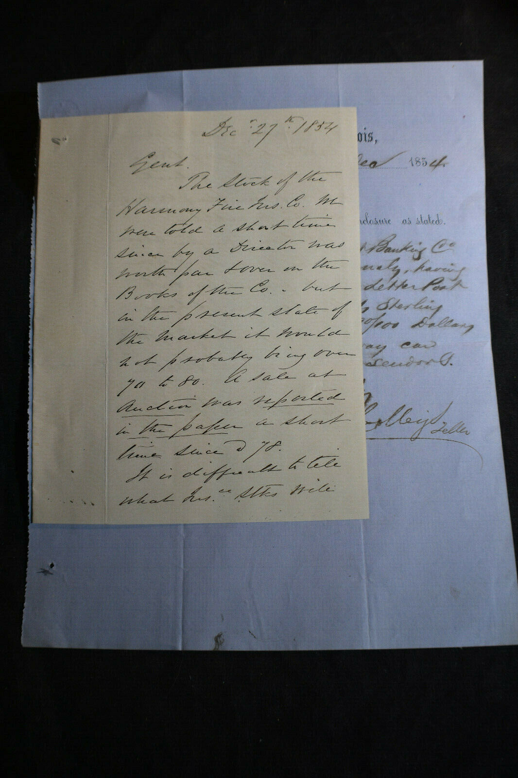 1854 Bank Of Ottawa, Illinois Letter & Harmony Fire Insurance Company Stock