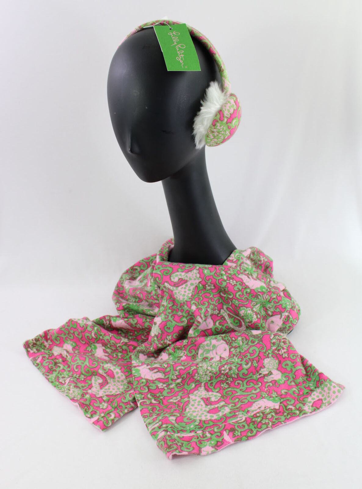 Lilly Pulitzer Hotty Pink Green The Gangs All Here Print Earmuff Scarf Set