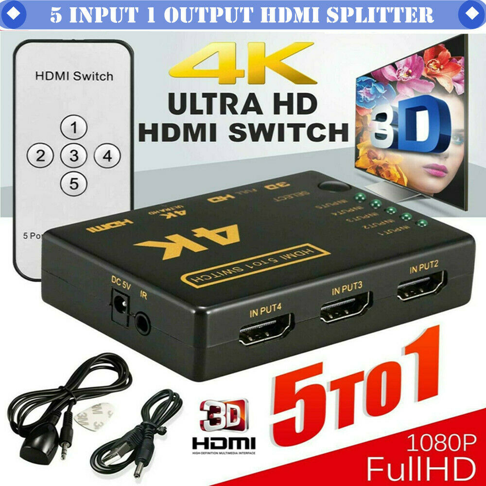 5 To 1 Hdmi Splitter Selector Switch Full Hd 1080p 3d 4k Ir Remote Hub Cable