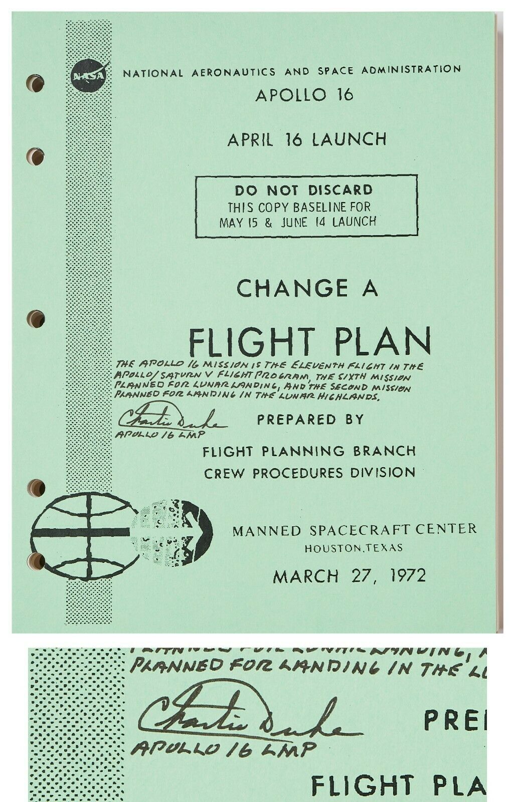 Charlie Duke Signed Copy Of The Apollo 16 Flight Plan