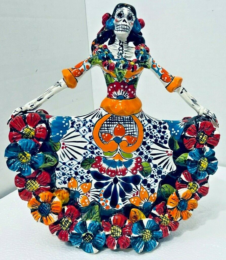 Mexican Day Of The Dead Figure Talavera Catrina Dancer Folk Art Pottery 11"