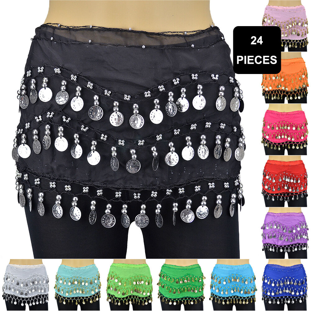 24 Pcs Belly Dance Skirt Scarf Hip Wrap Belt Wholesale Low Price Chiffon Coins