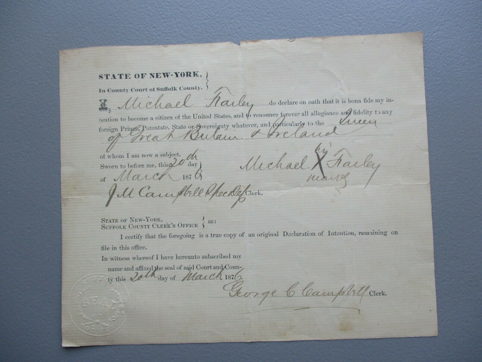 1876 Citizenship Oath Michael Farley Signed (ireland To Ny) 145 Yr. Old Document