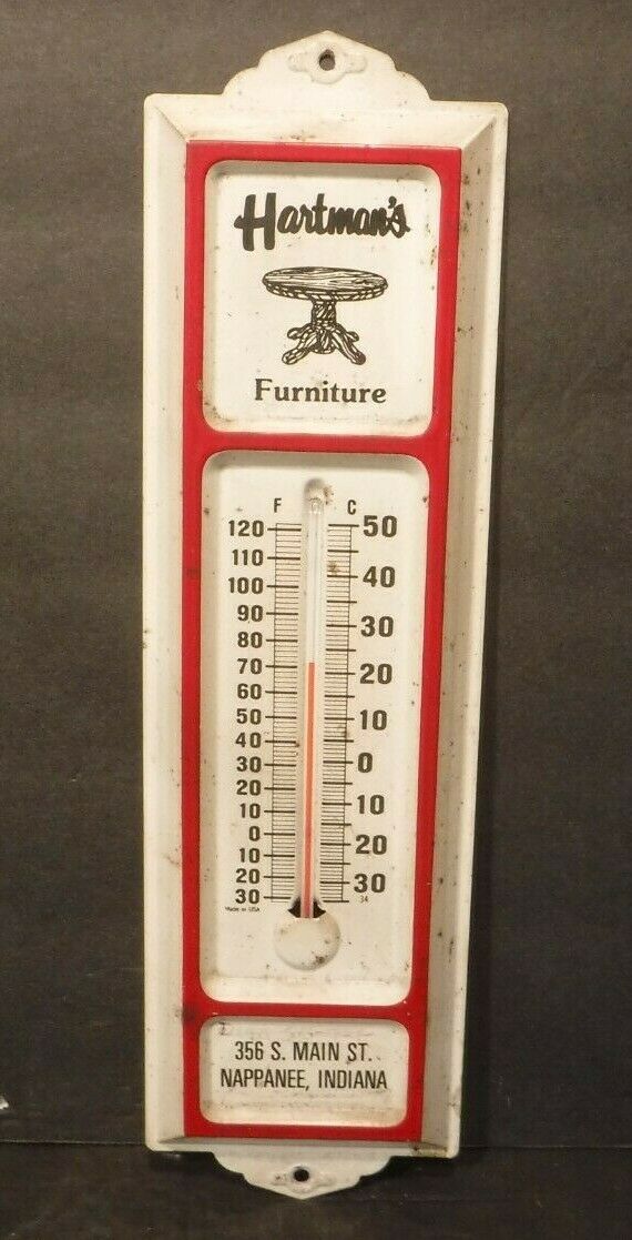 Vintage Hartman Furniture Metal Hanging Thermometer Working Nappanee, Indiana