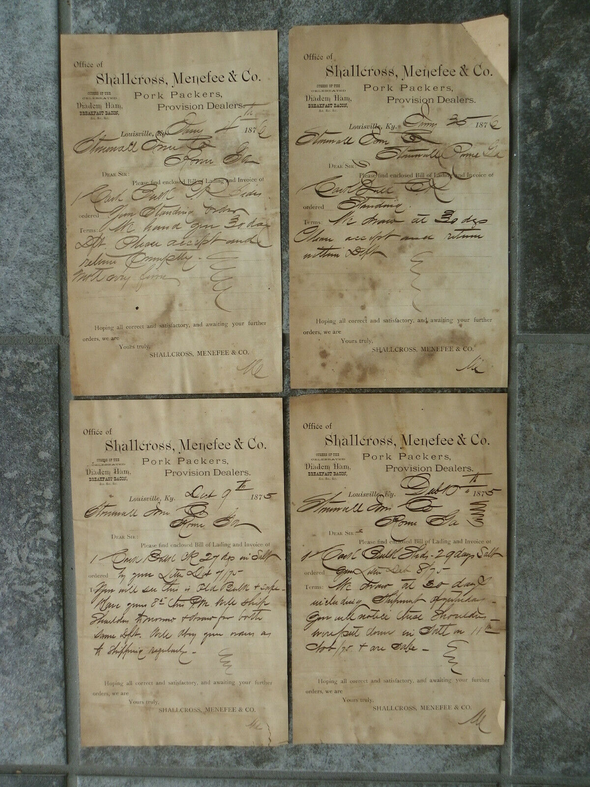 Lot Of 4 Antique Documents-1875-76-shallcross Menefee Co-louisville-pork Packers