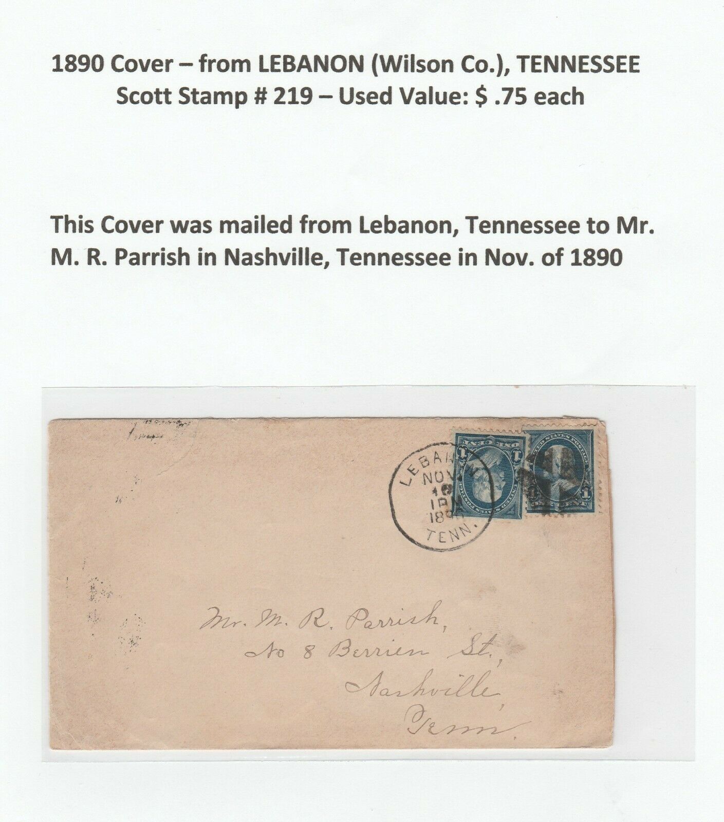 1890 Cover - Mailed From Lebanon (wilson Co.), Tennessee -two Scott # 219 Stamps