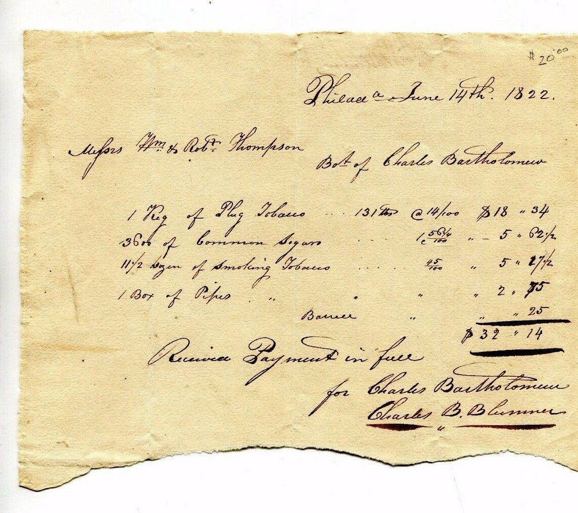 Vintage Receipt 1822 Charles Bartholomew Tobacco Sugar & Pipes For Robt Thompson
