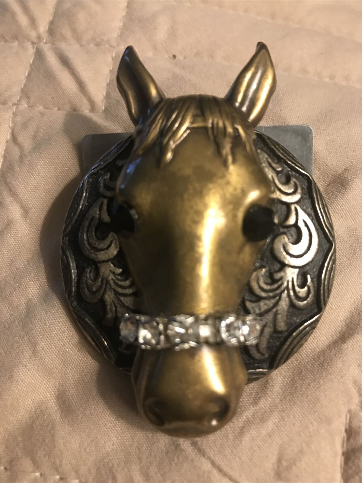 Vintage 2-tone Horse Equestrian Brooch Magnetic Closer With Crystal