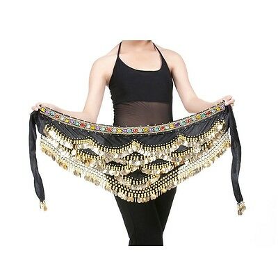 Belly Dance Hip Skirt Scarf Wrap Gem Waist Belt With Three Layers Golden Coins